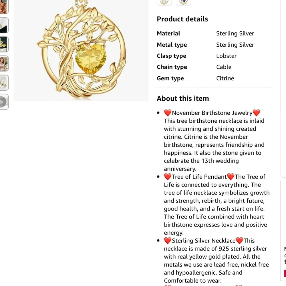 Fancime Tree of Life Heart Birthstone Necklace Fanci Me Sterling Citrine NEW - Picture 15 of 16